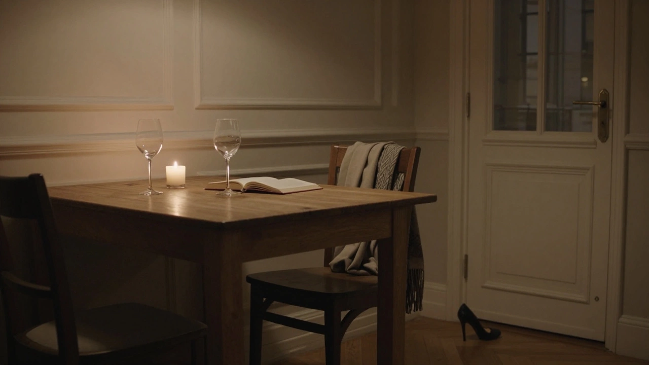 A cozy Paris apartment interior with wine glasses, a candle, and a book left open on a wooden table.