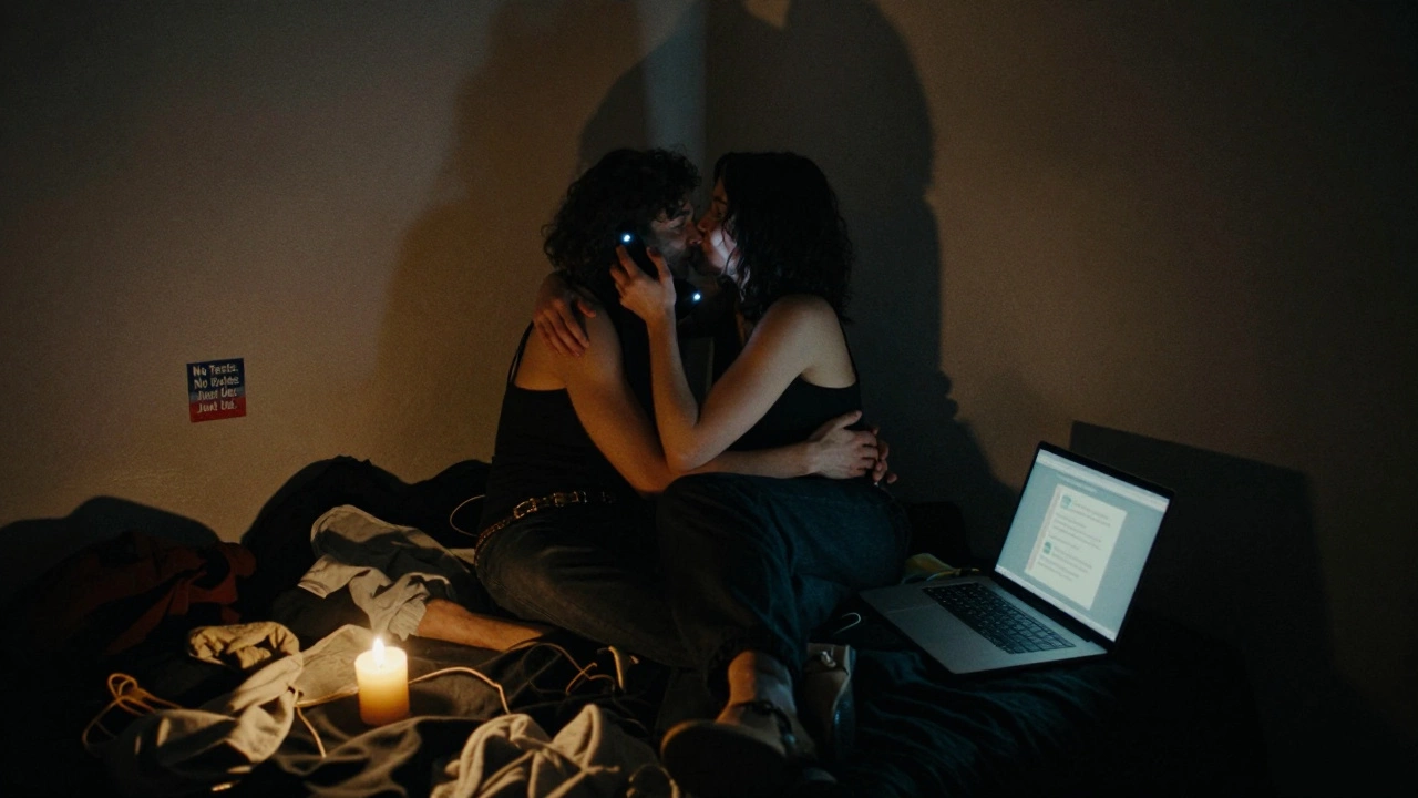 A private shoot in Paris, lit by phone and candlelight, with encrypted messages visible.