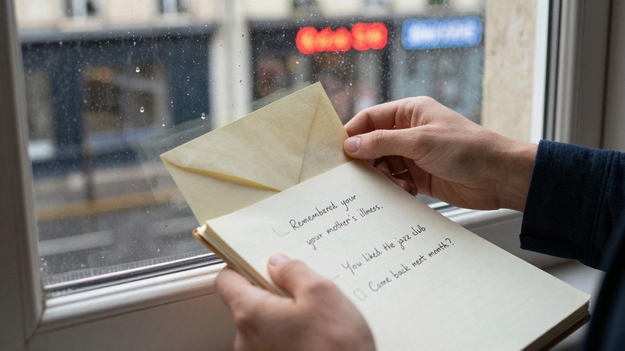 Hands placing a letter on a rainy windowsill, with a notebook showing personal, handwritten notes.