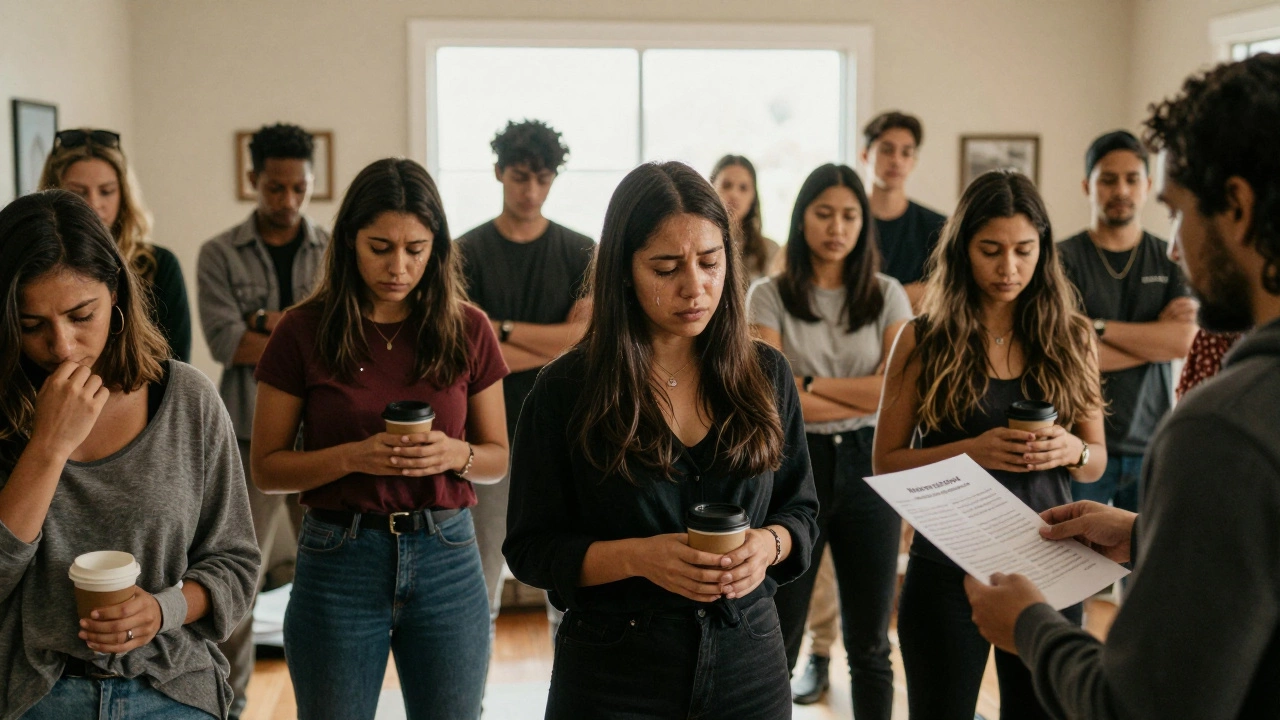 Performers in a support group meeting, sharing quiet moments of grief and solidarity.